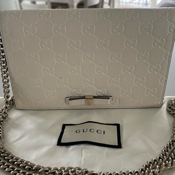 Gucci Signature White Guccissima Bow Wallet on Chain WOC Shoulder Crossbody Bag - Picture 16 of 16